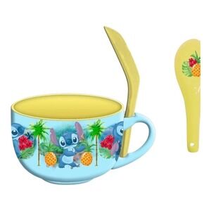 Disney Lilo & Stitch Soup Mug with Spoon Blue Yellow New Tropical NEW Ceramic